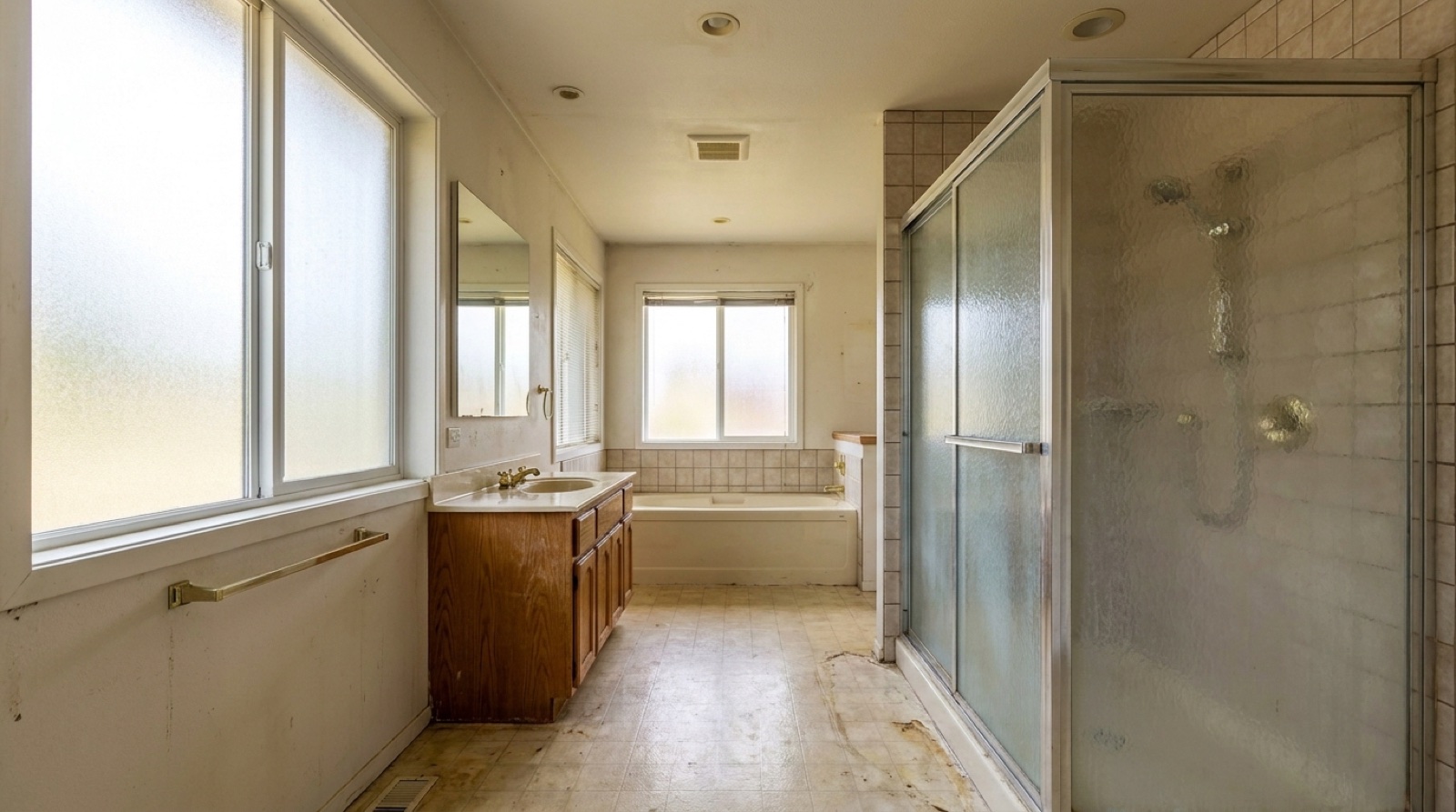 The same master bathroom before: an old dated framed sliding shower with cloudy glass