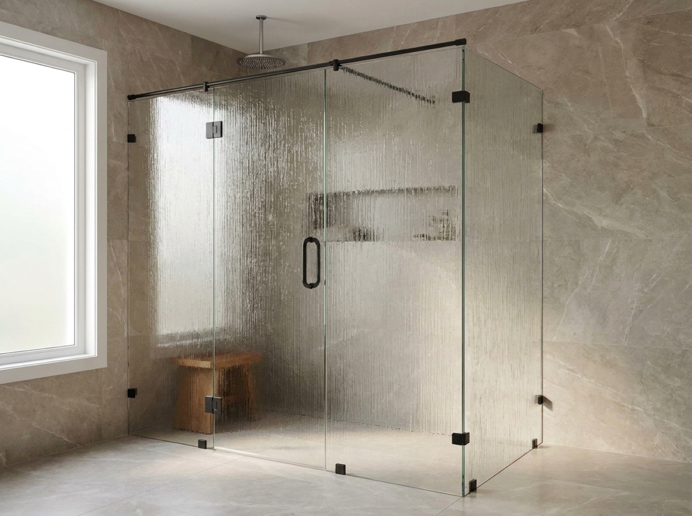 Frameless shower enclosure with rain-textured obscure glass diffusing light