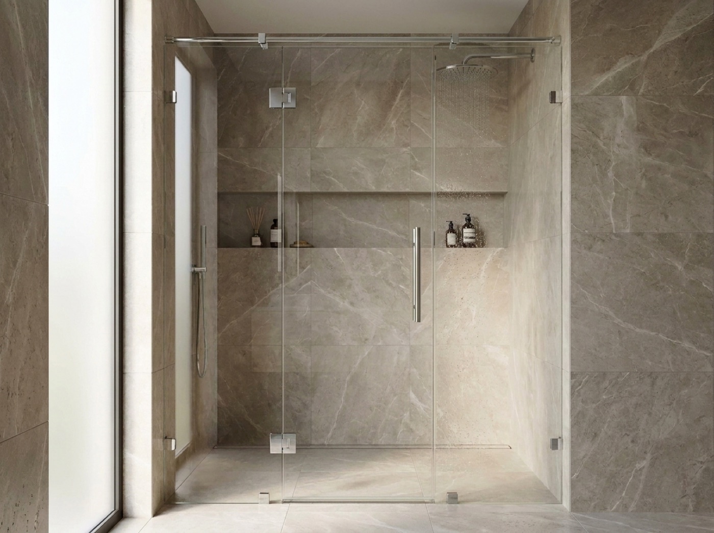 Swing hinged shower door with polished chrome hardware